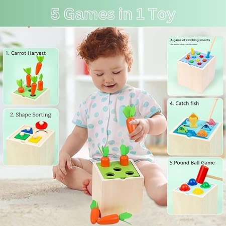 5-in-1 Wooden Educational Toys - Carrot Harvest- Fishing- Shape sorter- Pounding Game