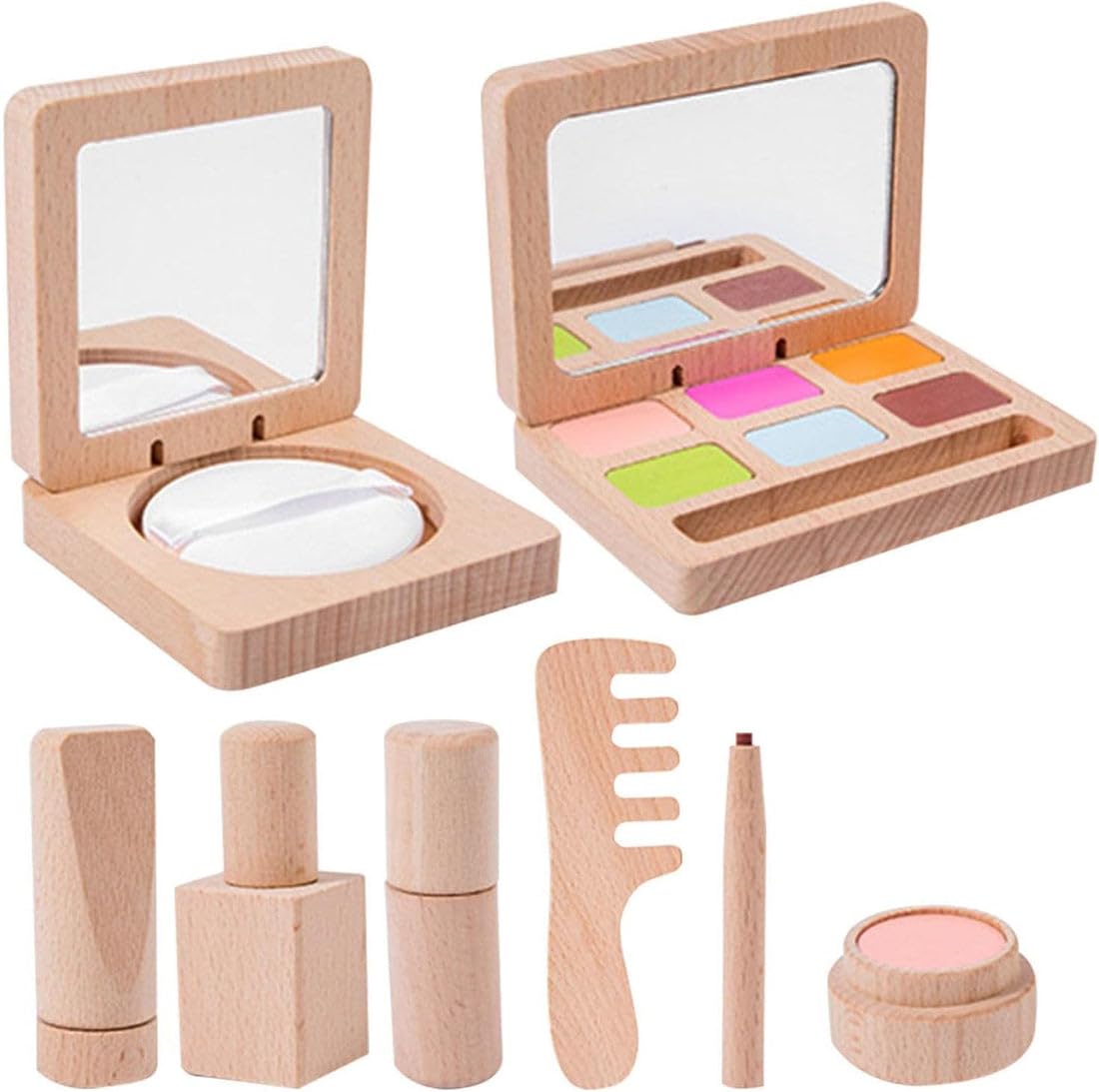 Wooden Make up Kit for Kids Pretend Play 8 Pcs Beauty Kit