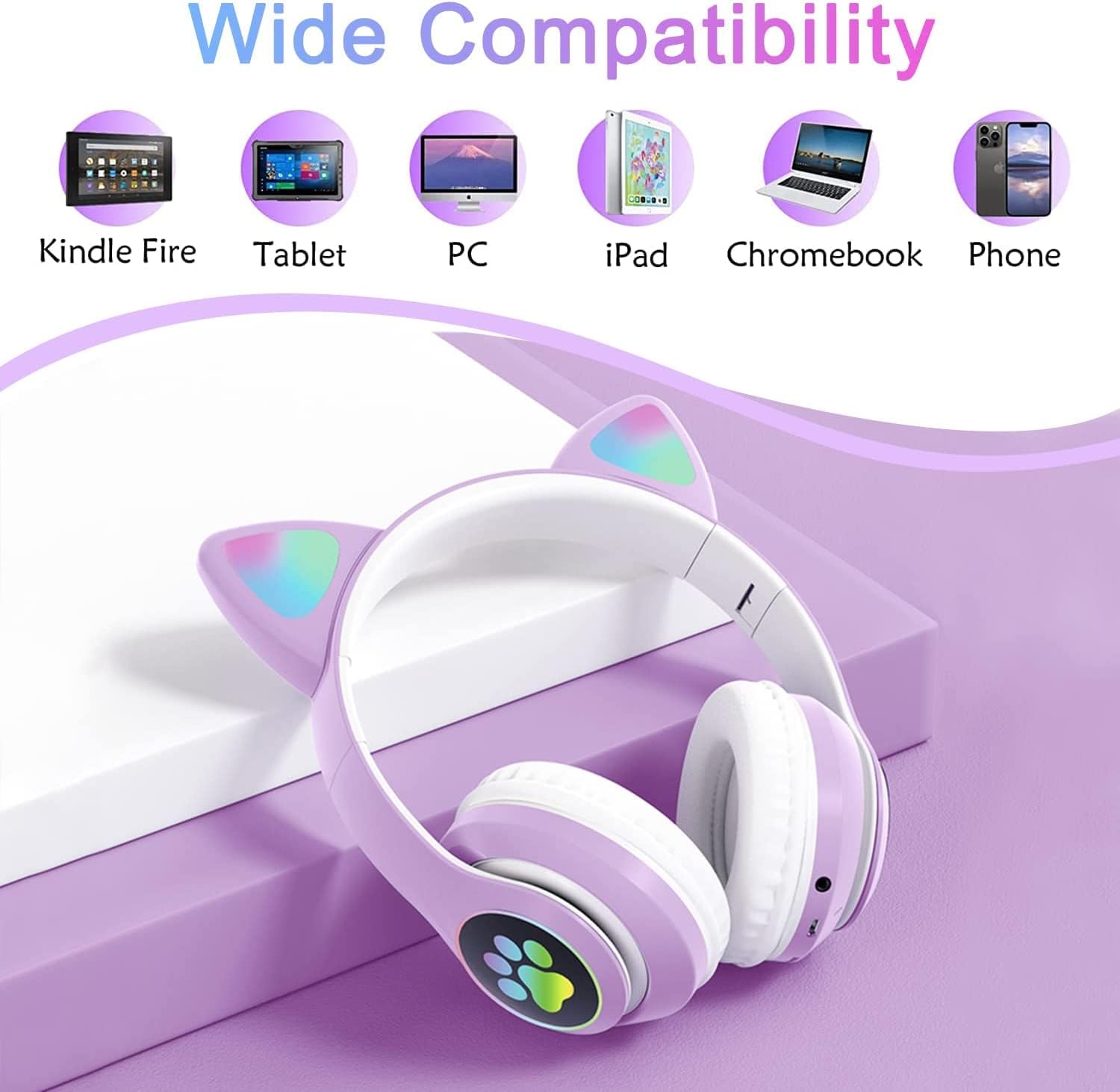 Cute Cat Ear Wireless Headphones- LED Lights, Noise Cancelling & Bluetooth 5.0