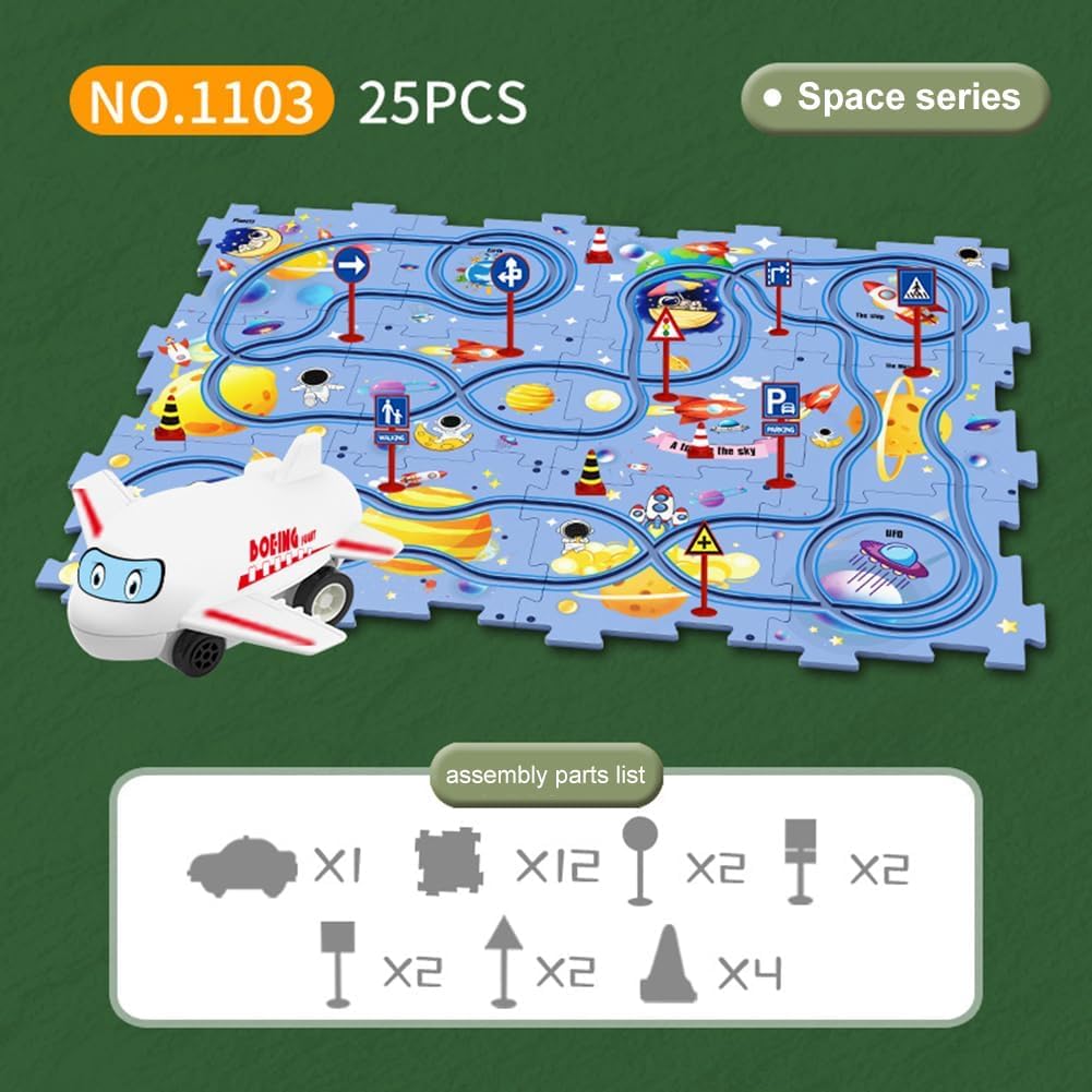 25 pcs Car Puzzle Track Set for Kids with A Cute Vehicle Toddler Puzzle Track Play Set- Space Theme