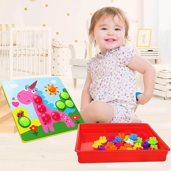 Button Art Toy for Toddlers, 46 Buttons and 12 Pictures, Toddler Activities Crafts, Early Learning Educational Mosaic Pegboard, Color Matching