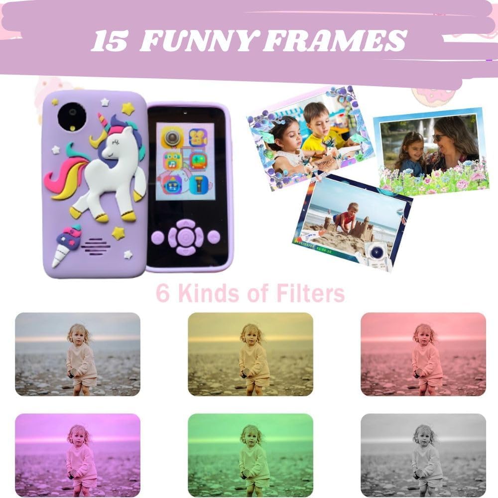 Kids Unicorn Smartphone Toy with MP3 Music Player- Dual Camera for Selfies- in Built Games 2.4" Screen 8MP Camera- Purple