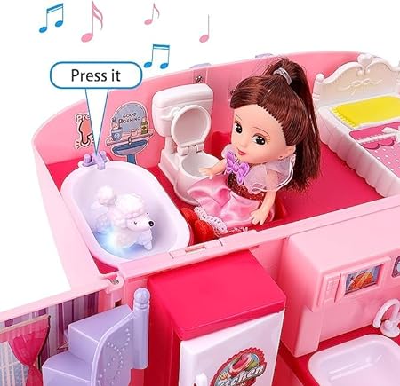 2-in-1 Light & Music Portable Pink Doll House Play Set with Carry Case and Doll – Mini Doll House in a Stylish Handbag- Great Gift for Kids