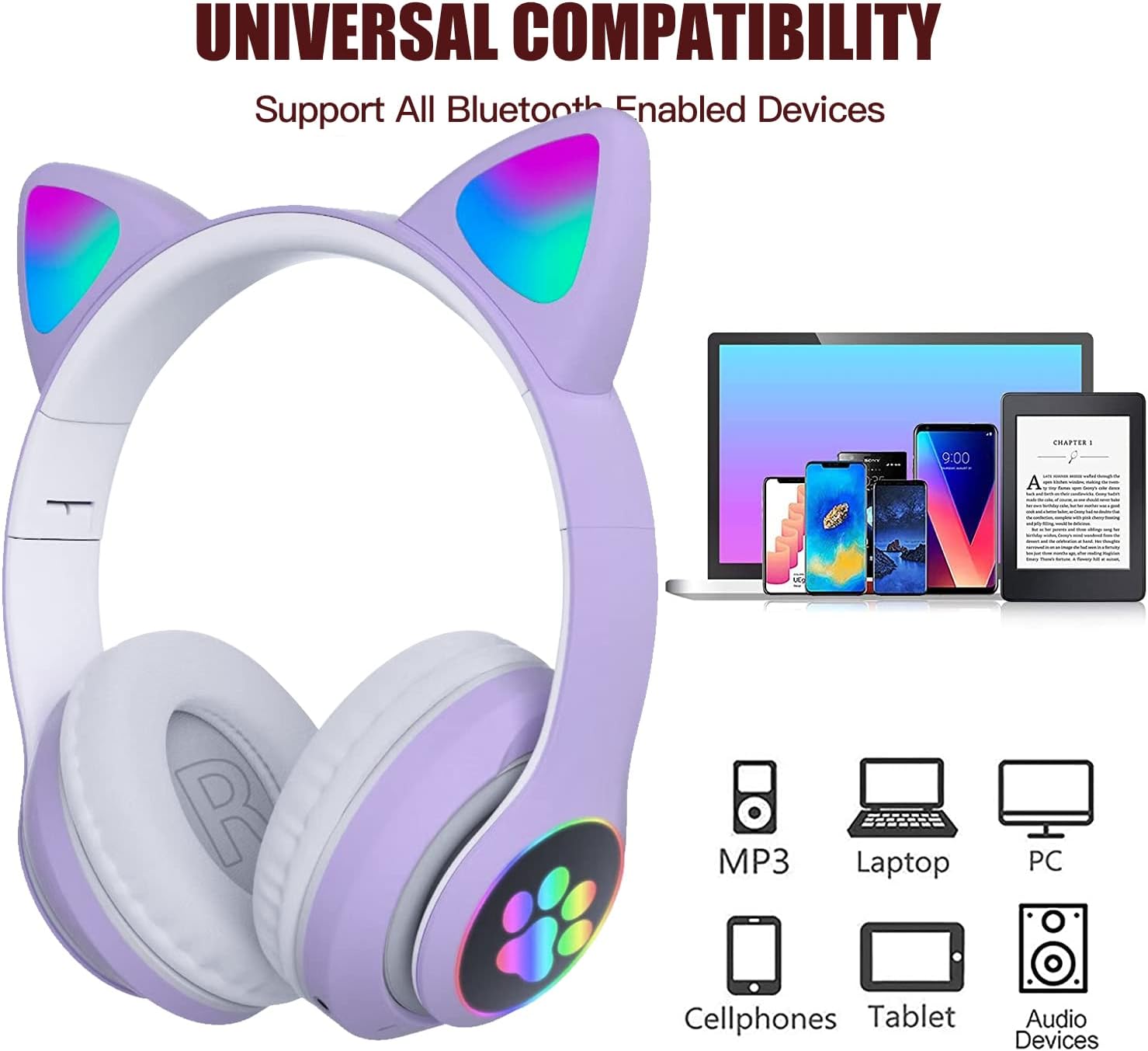 Cute Cat Ear Wireless Headphones- LED Lights, Noise Cancelling & Bluetooth 5.0