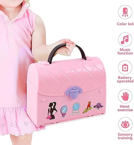 2-in-1 Light & Music Portable Pink Doll House Play Set with Carry Case and Doll – Mini Doll House in a Stylish Handbag- Great Gift for Kids