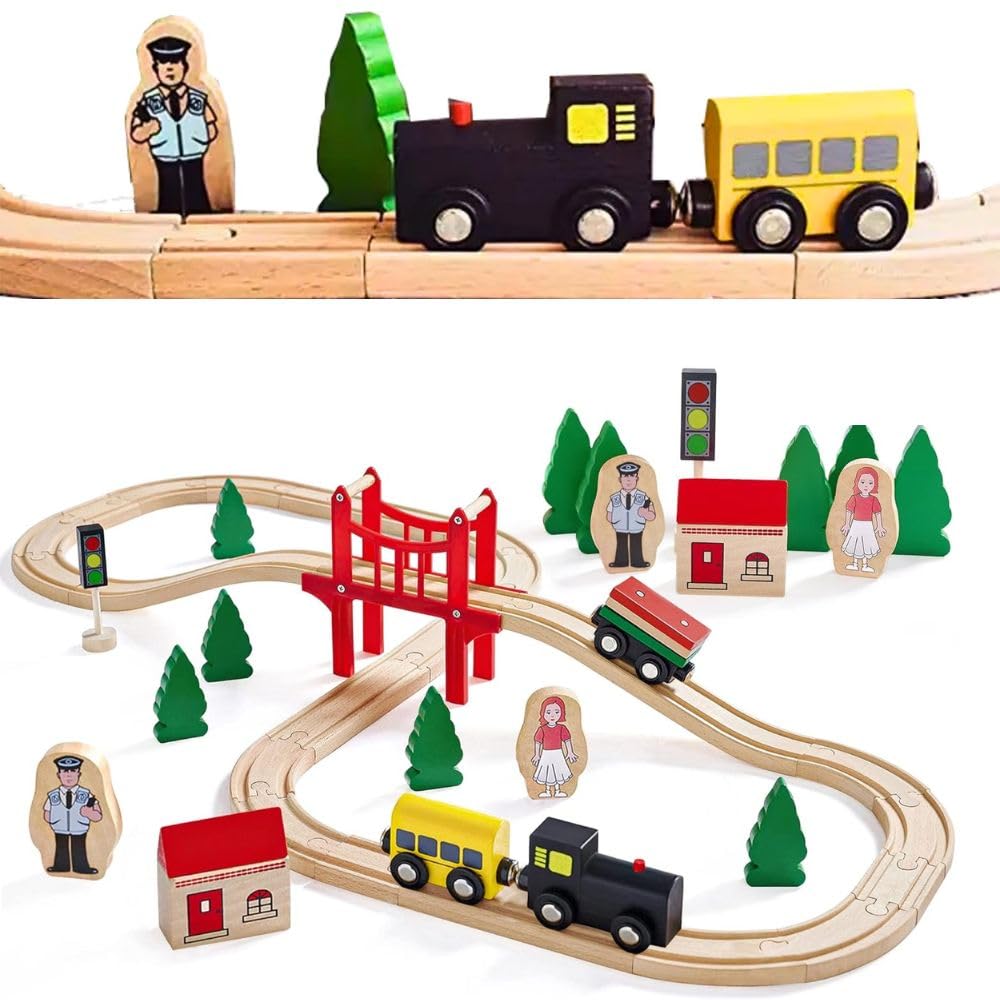 39 PCS Wooden Train Set with Tracks, Vehicles Toys