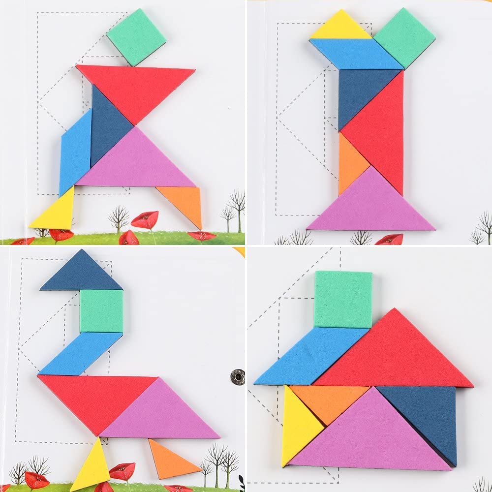 Travel Wooden Tangram Puzzle - 3D Magnetic Pattern Block Book with Solution- Road Trip Game