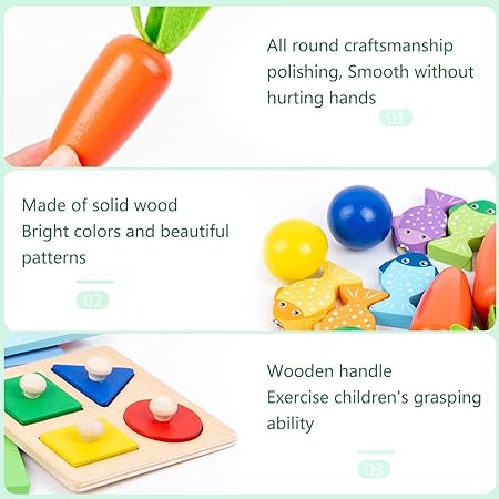 5-in-1 Wooden Educational Toys - Carrot Harvest- Fishing- Shape sorter- Pounding Game