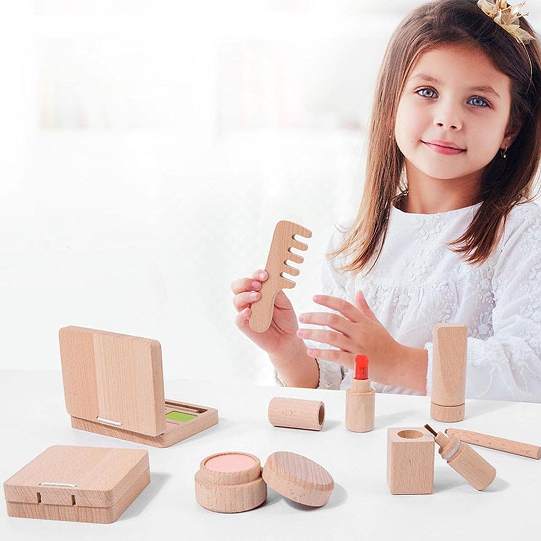 Wooden Make up Kit for Kids Pretend Play 8 Pcs Beauty Kit