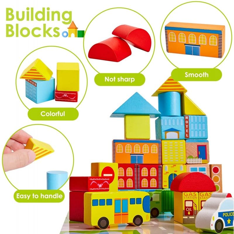 62 Pcs Wooden  City Construction  Building Blocks Toy Set