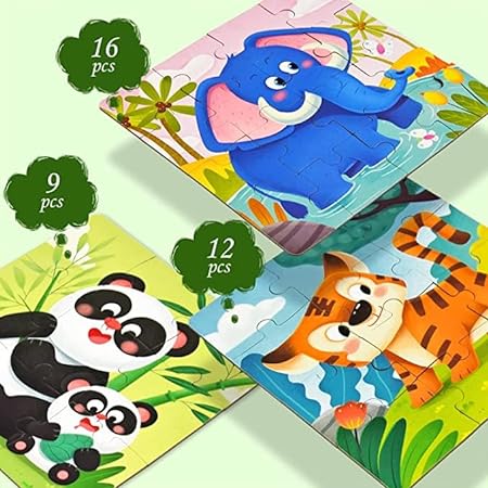 3 in 1-Magnetic Animals Jigsaw Puzzles for Kids- 9-12-16 Piece Animal Puzzles Book for Toddlers