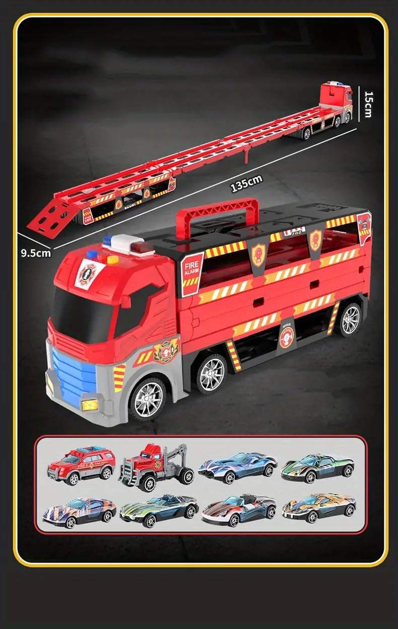 Big Hauler Storage & Deform Truck with Ejection Race Track 135cm & 6 Metal Racing Cars & 2 Construction Cars