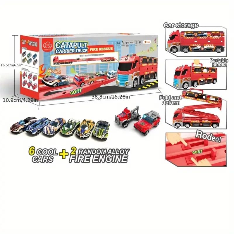 Big Hauler Storage & Deform Truck with Ejection Race Track 135cm & 6 Metal Racing Cars & 2 Construction Cars