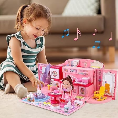 2-in-1 Light & Music Portable Pink Doll House Play Set with Carry Case and Doll – Mini Doll House in a Stylish Handbag- Great Gift for Kids