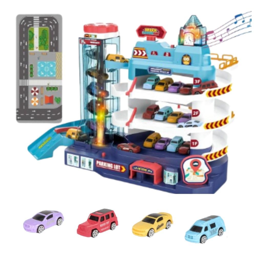 Electric Car Garage  3-Storey Parking BuildingTrack Set with Music and Light