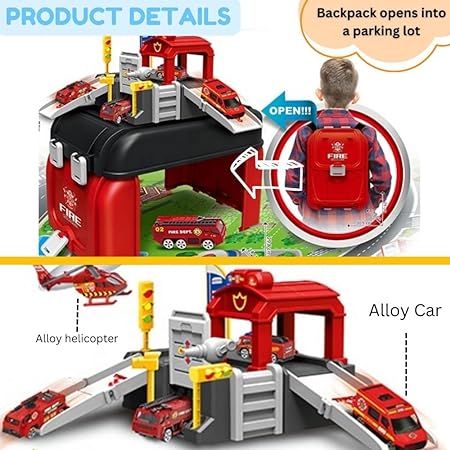 Portable Car Parking Lot Toy in a Backpack - with Alloy Vehicle & Helicopter-Race Track & Parking Car Garage Toy Lot set-40 Pcs- Red