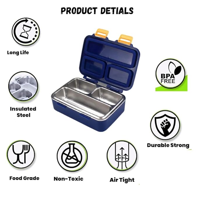 Thermal Insulated Lunch Box Leak Proof Tiffin Box 3 Compartment 304 Stainless Steel Lunch Box with Removable Inner Plate Reusable Food Containers Kids- Space Design