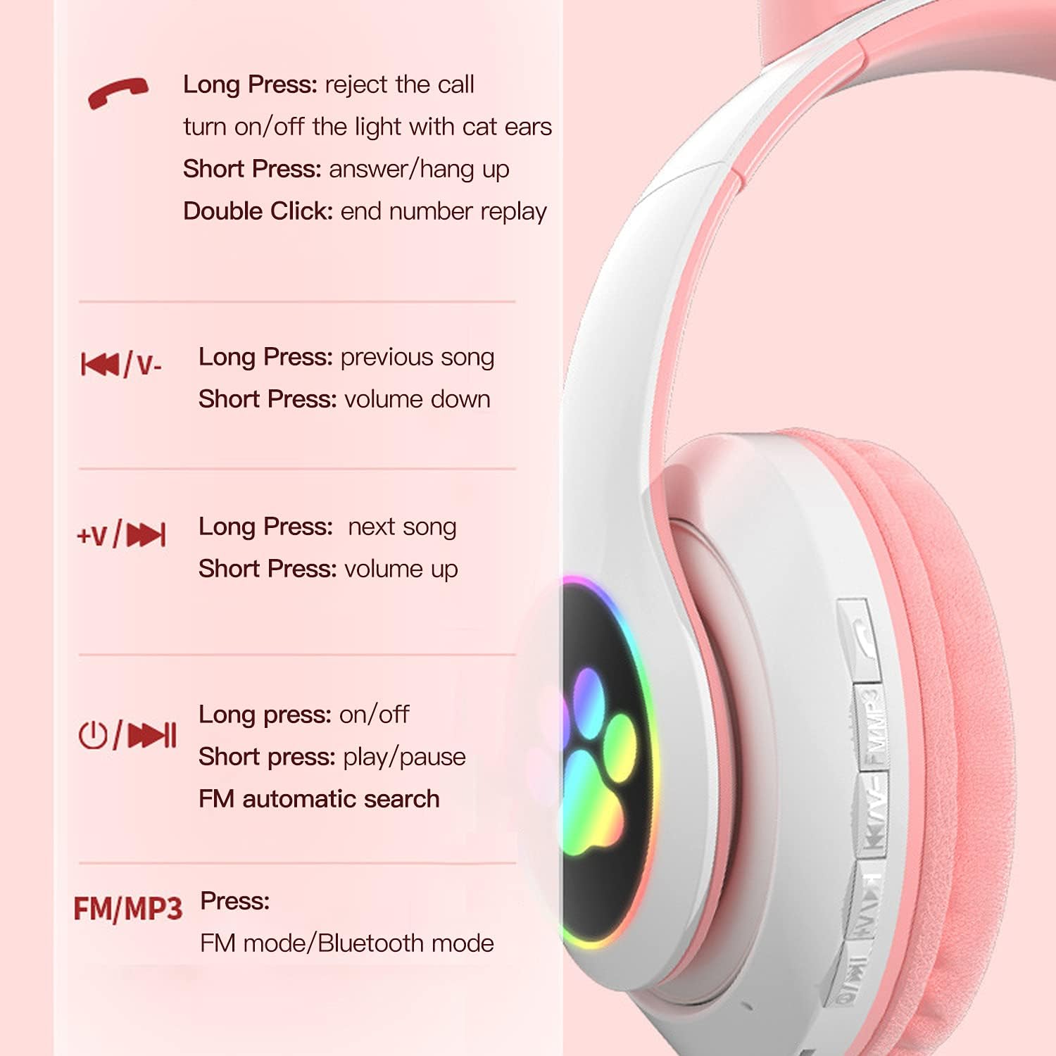 Cute Cat Ear Wireless Headphones- LED Lights, Noise Cancelling & Bluetooth 5.0