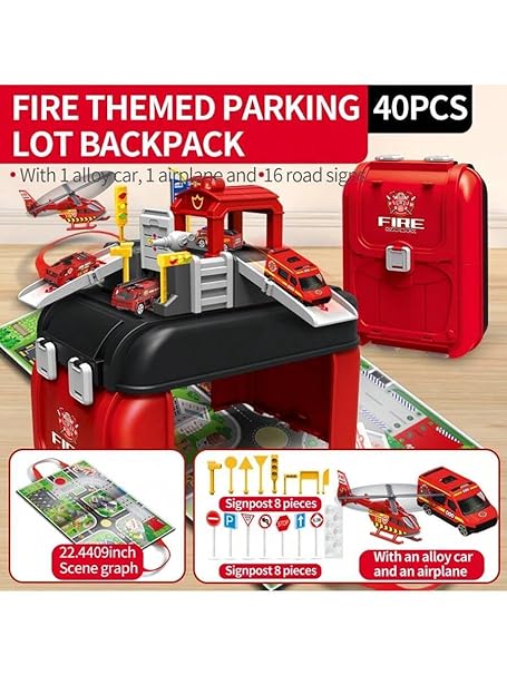 Portable Car Parking Lot Toy in a Backpack - with Alloy Vehicle & Helicopter-Race Track & Parking Car Garage Toy Lot set-40 Pcs- Red