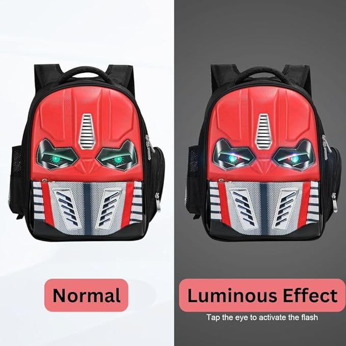 3D School Backpack with Luminous Eyes- Waterproof Lightweight Backpack for Kids- Red