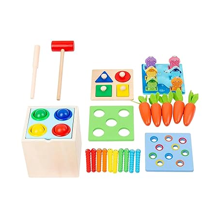 5-in-1 Wooden Educational Toys - Carrot Harvest- Fishing- Shape sorter- Pounding Game