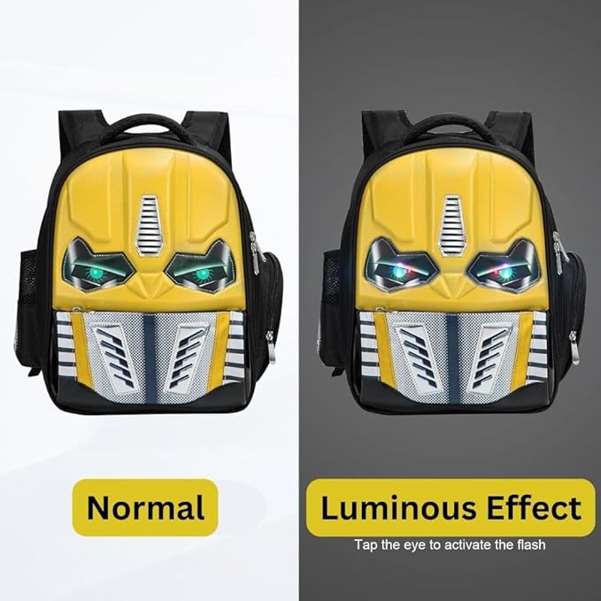 3D School Backpack with Luminous Eyes- Waterproof Lightweight Backpack for Kids- Yellow