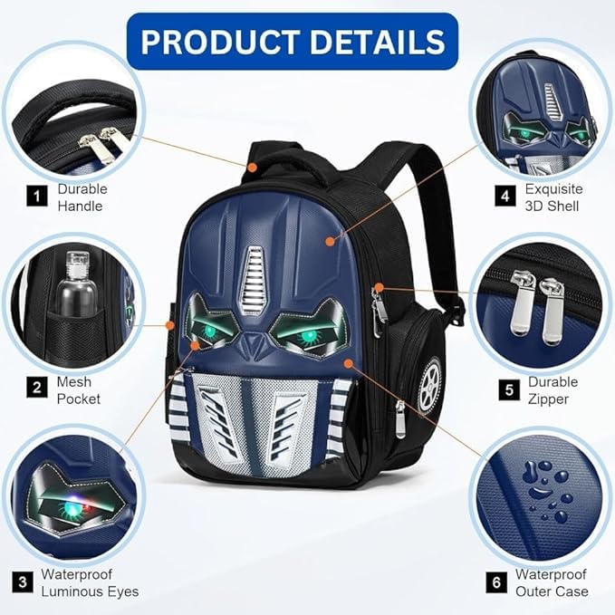 3D School Backpack with Luminous Eyes- Waterproof Lightweight Backpack for Kids- Dark Blue