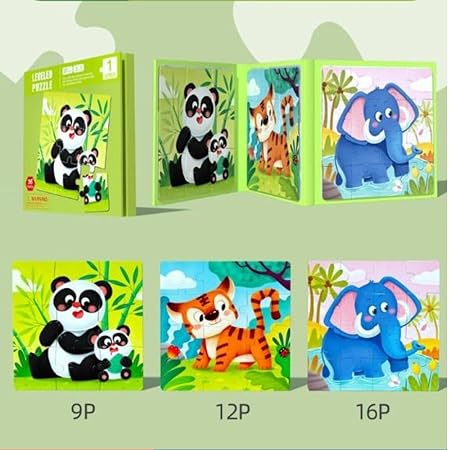 3 in 1-Magnetic Animals Jigsaw Puzzles for Kids- 9-12-16 Piece Animal Puzzles Book for Toddlers