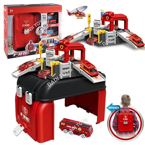 Portable Car Parking Lot Toy in a Backpack - with Alloy Vehicle & Helicopter-Race Track & Parking Car Garage Toy Lot set-40 Pcs- Red