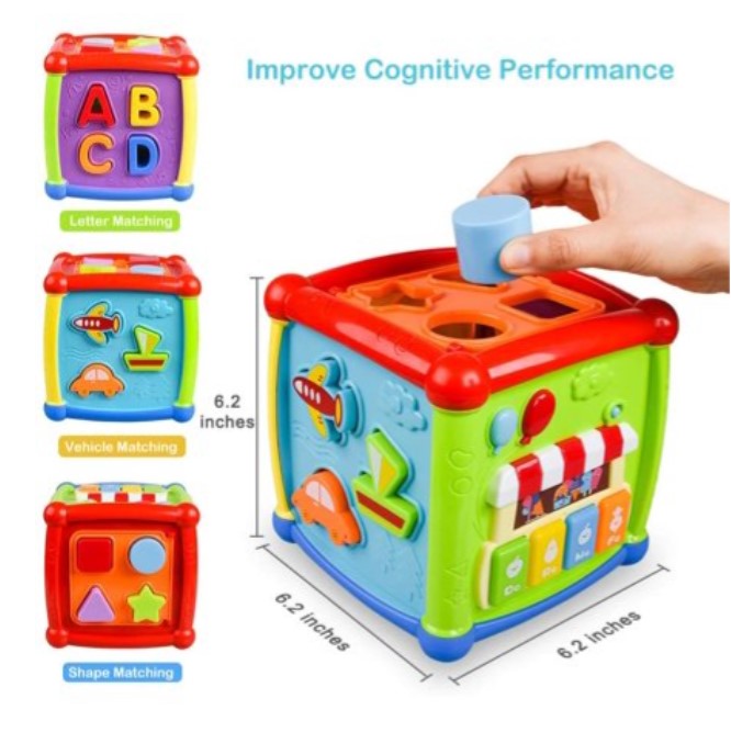 Fancy Cube Activity Toy, Shapes-Colour-Vehicle-Alphabets Sorter Blocks with Music for Babies