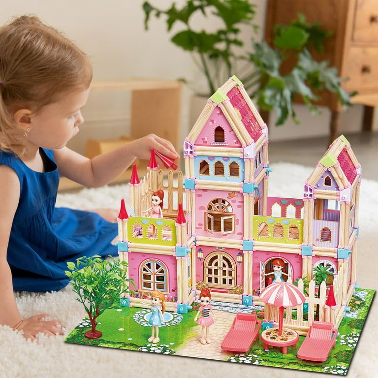 Wooden Castle Dollhouse-Stacking Educational Toys-183 PCS