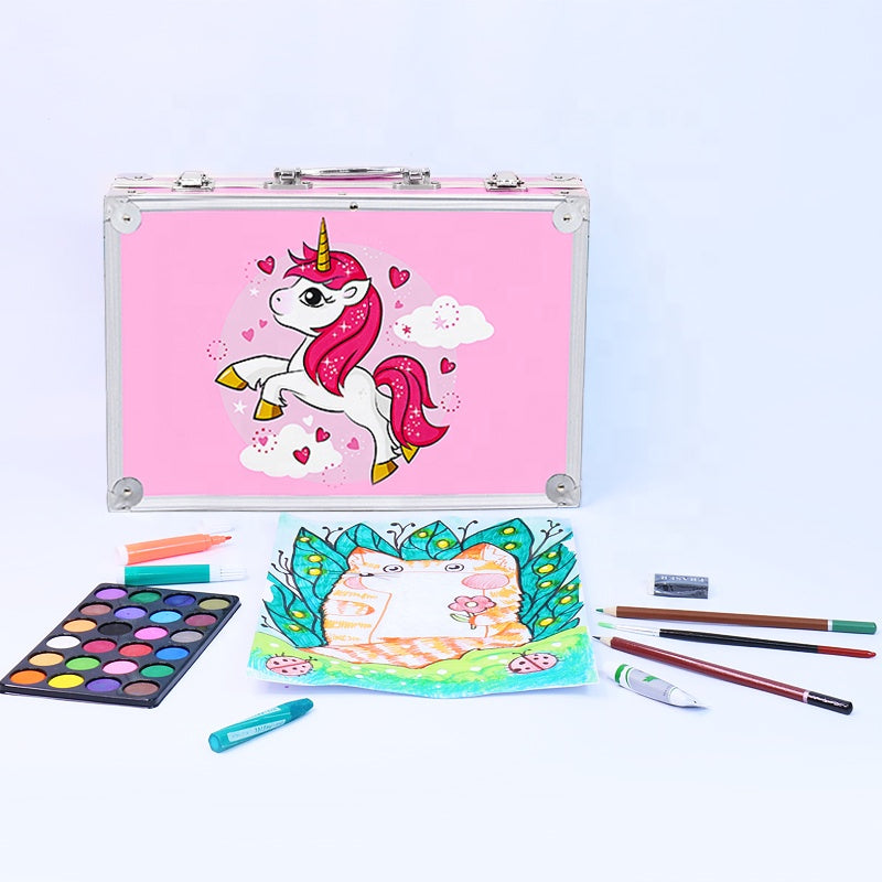 145Pcs Kids Art Set- Includes Oil Pastels, Colored Pencils & Pens, Watercolors & more- Unicorn Blue Aluminum Case