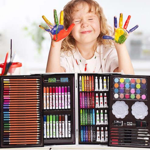 145Pcs Kids Art Set- Includes Oil Pastels, Colored Pencils & Pens, Watercolours & more- BTS Design Aluminium Case