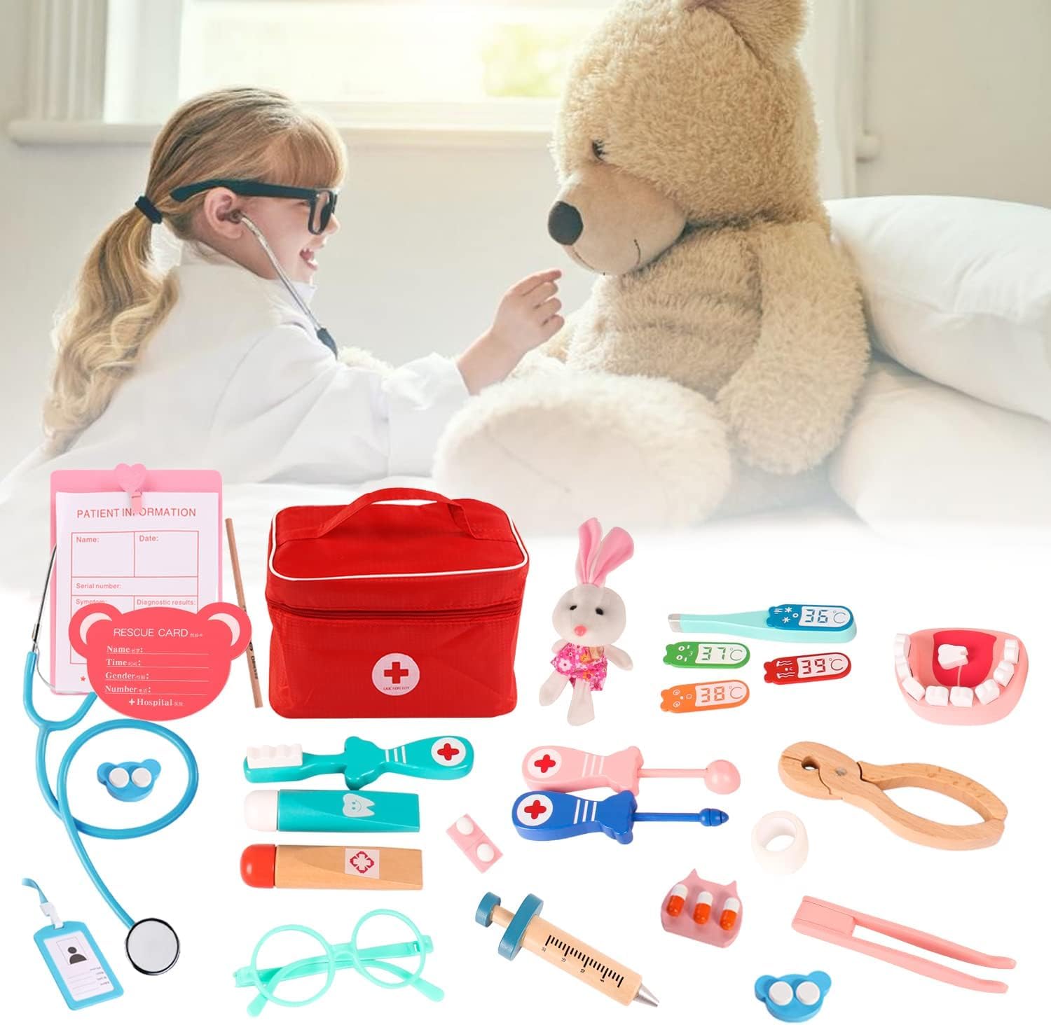 Doctor Kit for Kids Wooden Dentist Set with Working Stethoscope