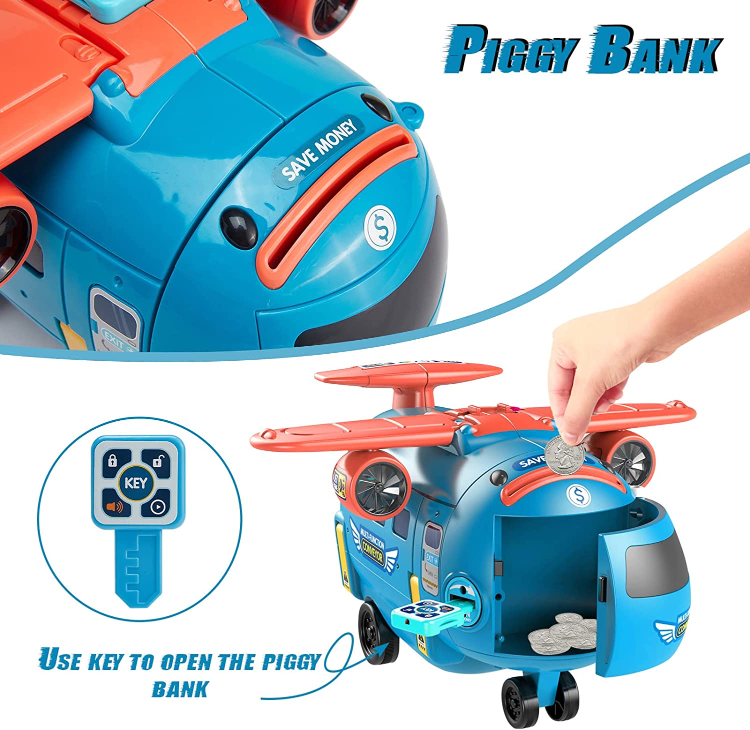 4-in-1 Airplane Piggy Bank Toy with Light & Music: This toy offers driving simulation, airplane fun, and includes lights and music for kids