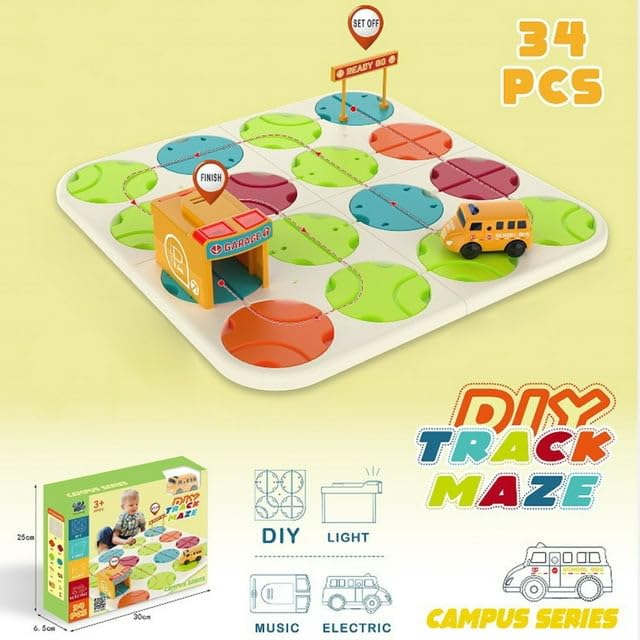 DIY Car Track Puzzle Maze Toy with Light & Music- Logical Brain Teaser Games- 34 Pcs Car Puzzle Toy