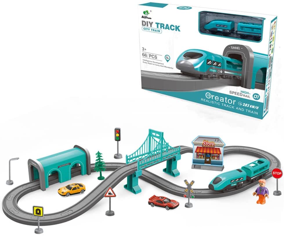 DIY Train & Car Track Set for Kids-66 pcs| Battery-Powered Train Toys| City Theme Accessories for Kids