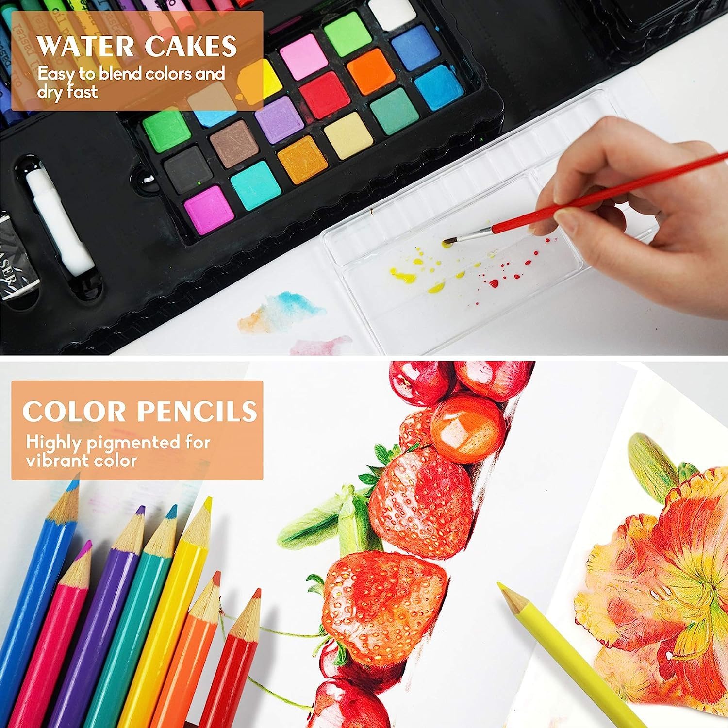 114 PCS Art Set-Includes Crayons, Colored Pencils, Watercolor Pens, Watercolour Cakes & More