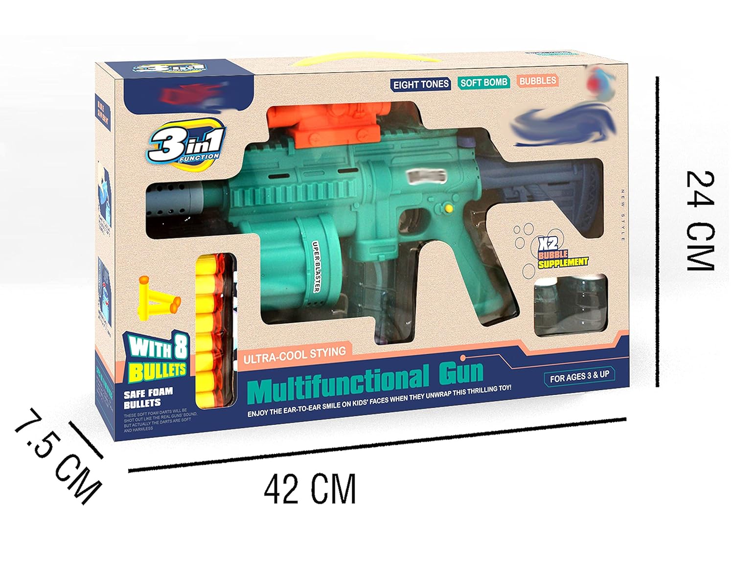 Bubble Gun with Soft Dart Blaster, 8 Music Tones & Light Bubble Blower with 2 Bottles of Bubble Solution (50ml), 8 Soft Bullets| 3 in 1 GunToy