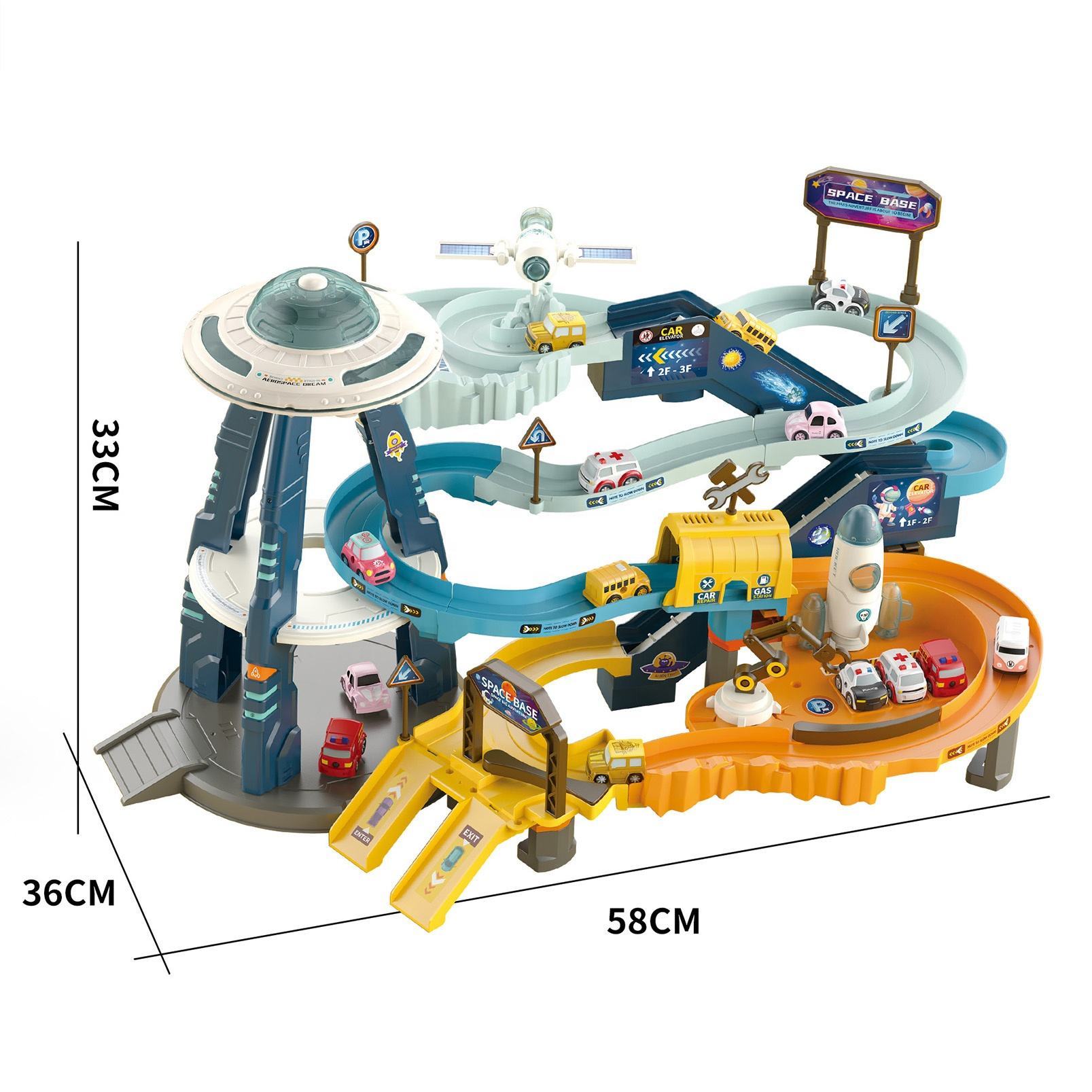 Space Car Track Adventure Toy Playset- Garage Parking Lot Toys for Kids