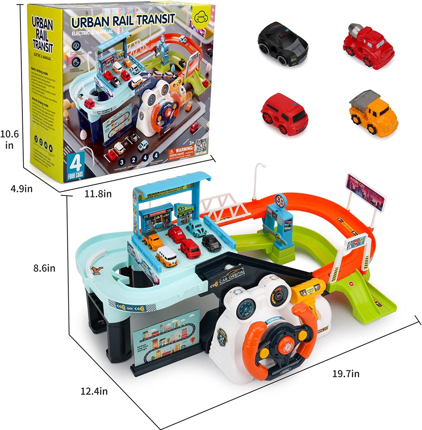 Urban Rail Car Adventure Race Track | Simulated Driving Steering Wheel Musical Toy | Parking Lot Playsets for Kids