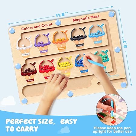 Ice Cream Magnetic Color and Number Maze Board- Sorting & Fine Motor Skills Activity Toy for Kids