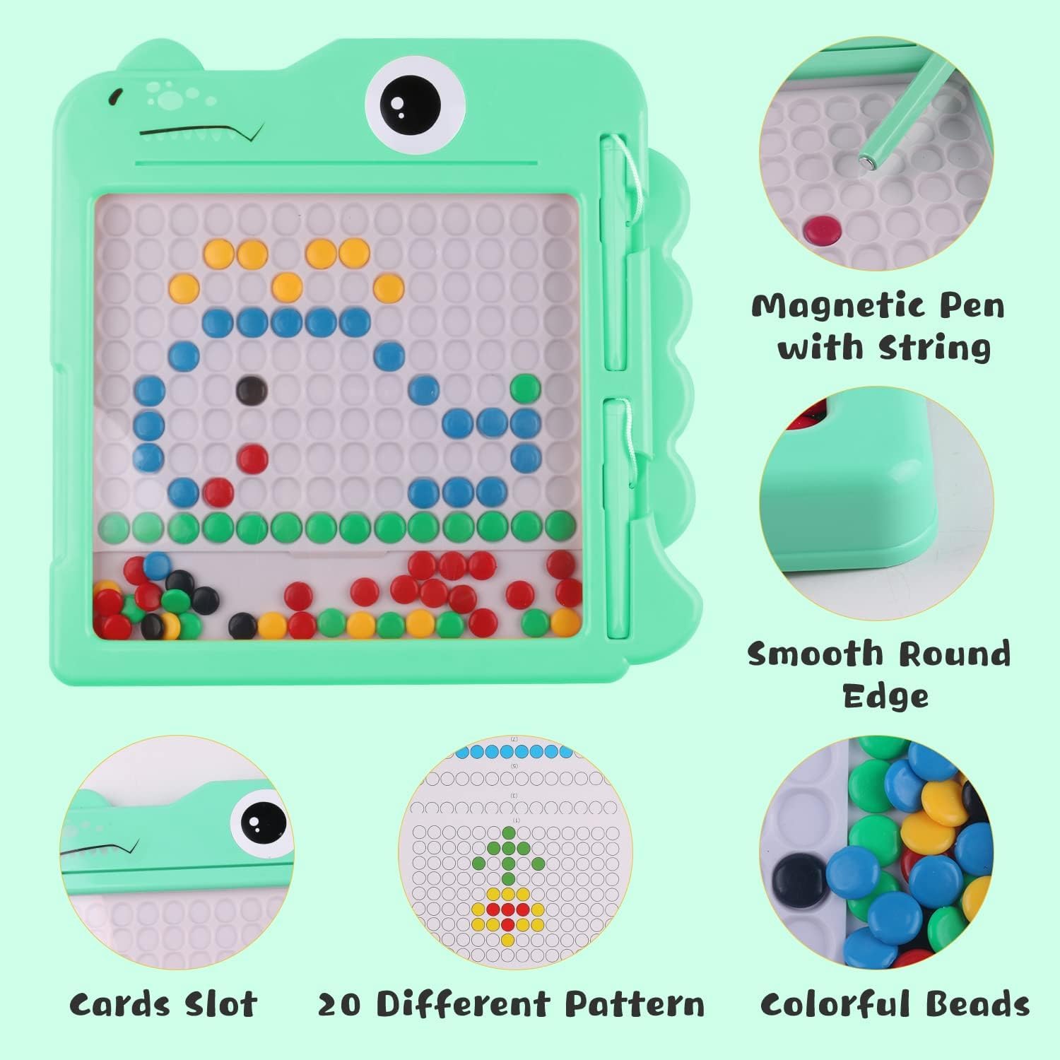 Magnetic Dot Board with 106 Beads- 2 Magnetic Pens- 10 Double Sided Pattern Cards - Children Pattern Board for Early Learning- Travel Games for3-6 Years