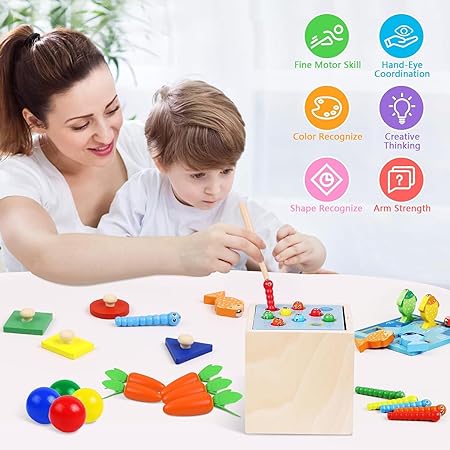 5-in-1 Wooden Educational Toys - Carrot Harvest- Fishing- Shape sorter- Pounding Game