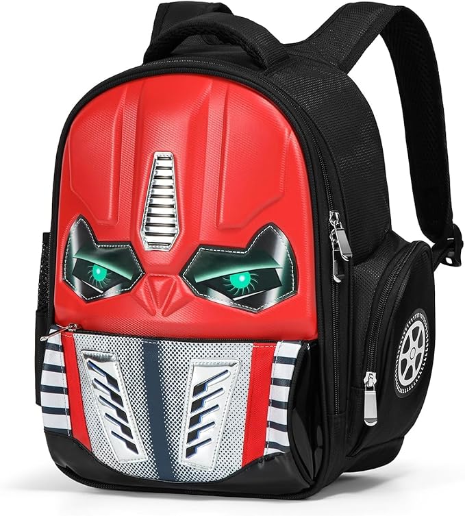 3D School Backpack with Luminous Eyes- Waterproof Lightweight Backpack for Kids- Red