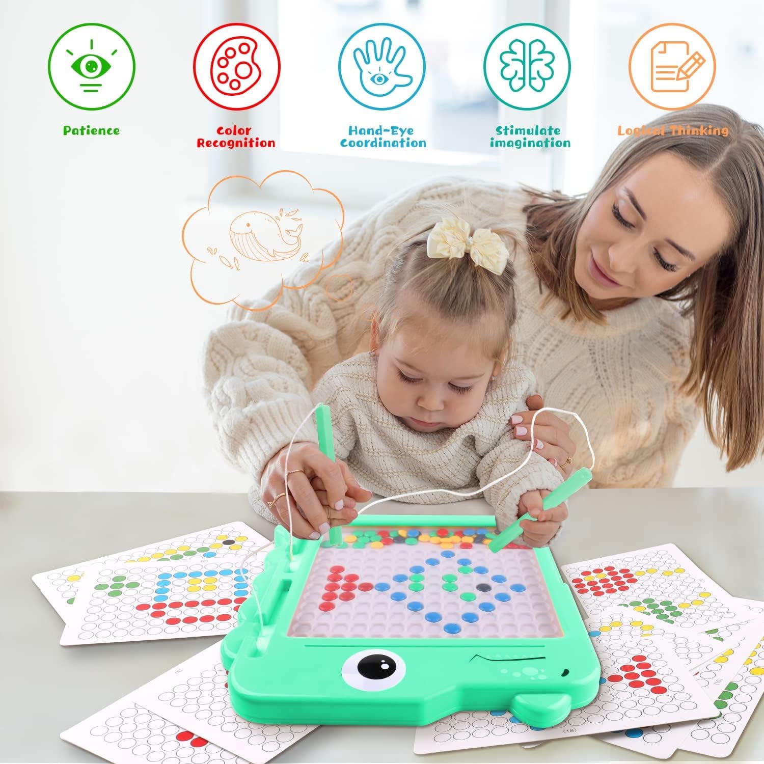 Magnetic Dot Board with 106 Beads- 2 Magnetic Pens- 10 Double Sided Pattern Cards - Children Pattern Board for Early Learning- Travel Games for3-6 Years