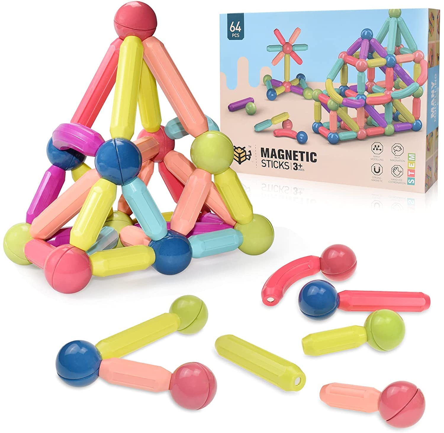 64 PCS Magnetic Stick and Balls Set Vibrant Colors- Magnetic Toys