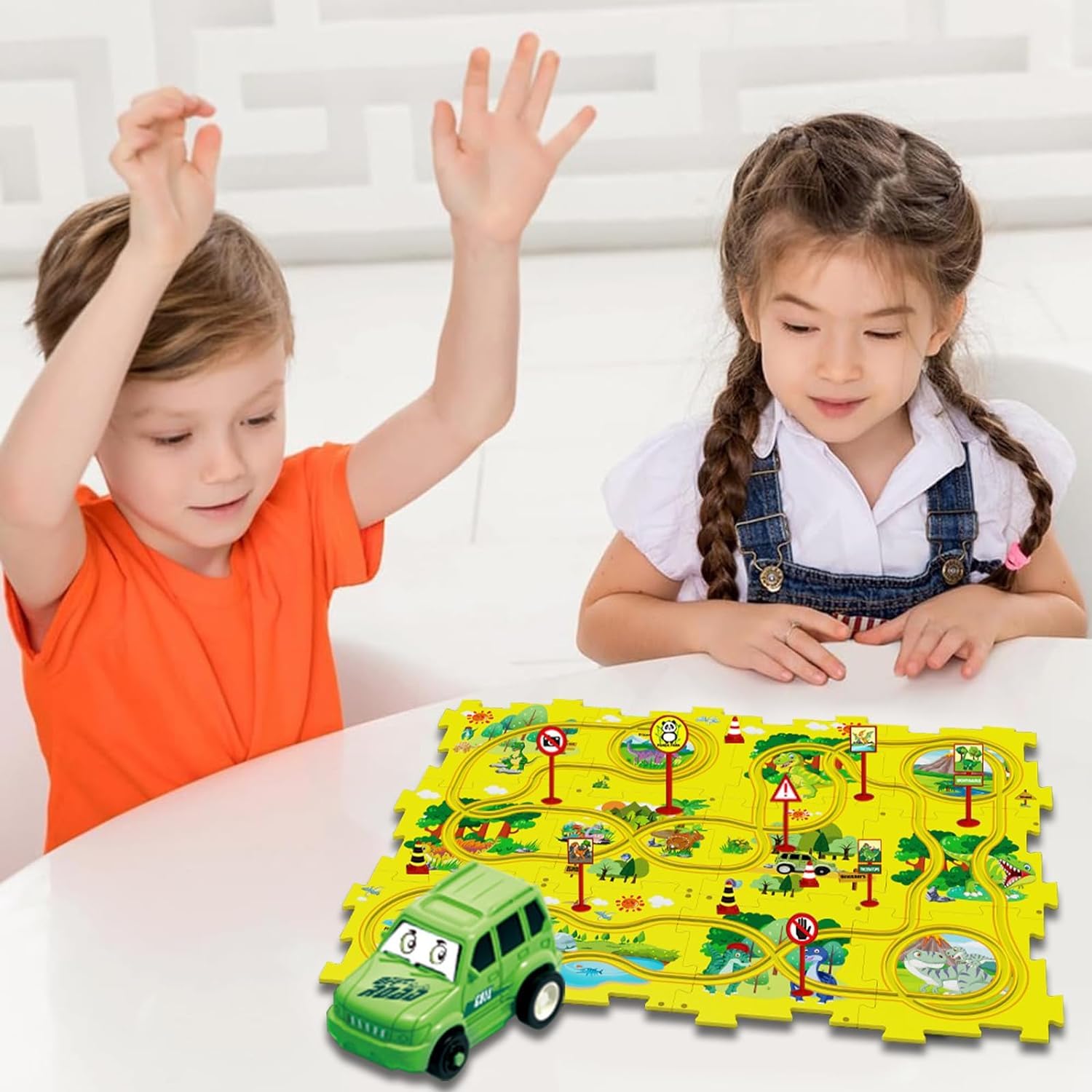 15 Pcs Car Puzzle Track Set for Kids with A Cute Vehicle Toddler Puzzle Track Play Set- Dinosaur Theme