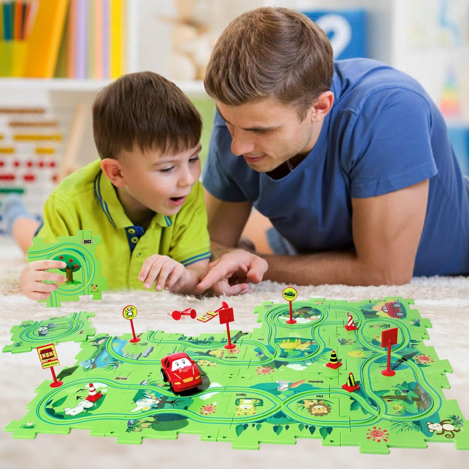 25 pcs Car Puzzle Track Set for Kids with A Cute Vehicle Toddler Puzzle Track Play Set- Jungle Theme