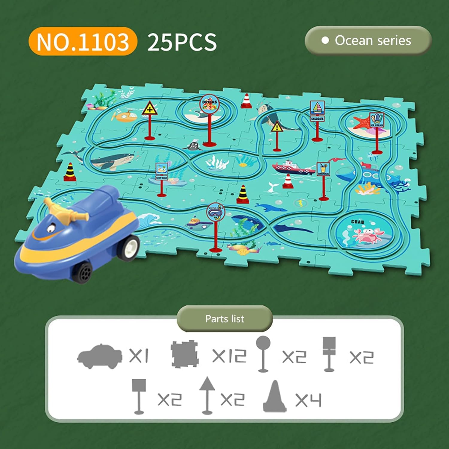 25 pcs Car Puzzle Track Set for Kids with A Cute Vehicle Toddler Puzzle Track Play Set- Ocean Theme